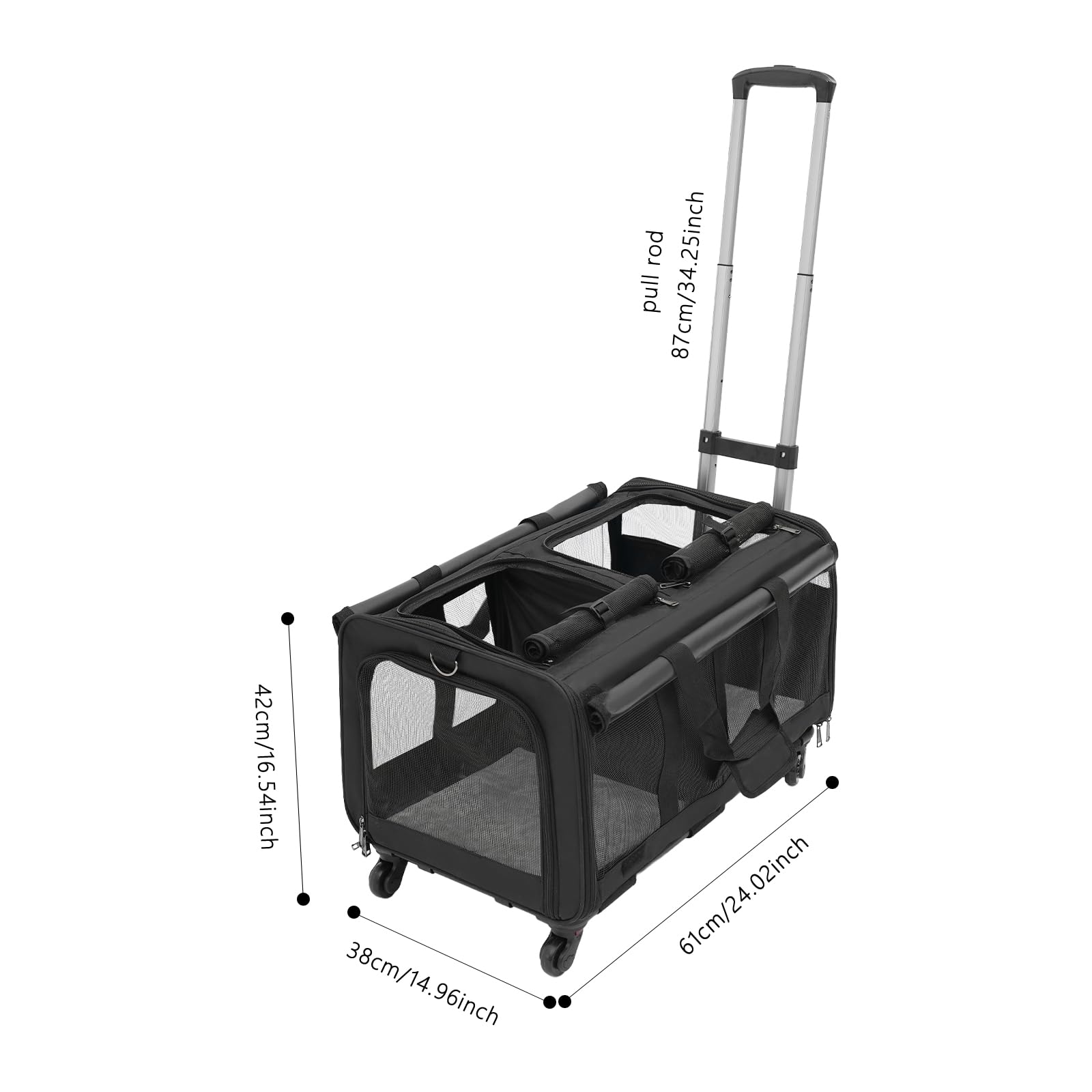 Transportín para mascotas con dos compartimentos y ruedas para gato/perro, caja de transporte extraíble para gatos con asa telescópica para 2 gatos/perros, hasta 17,5 kg, para viajes, senderismo