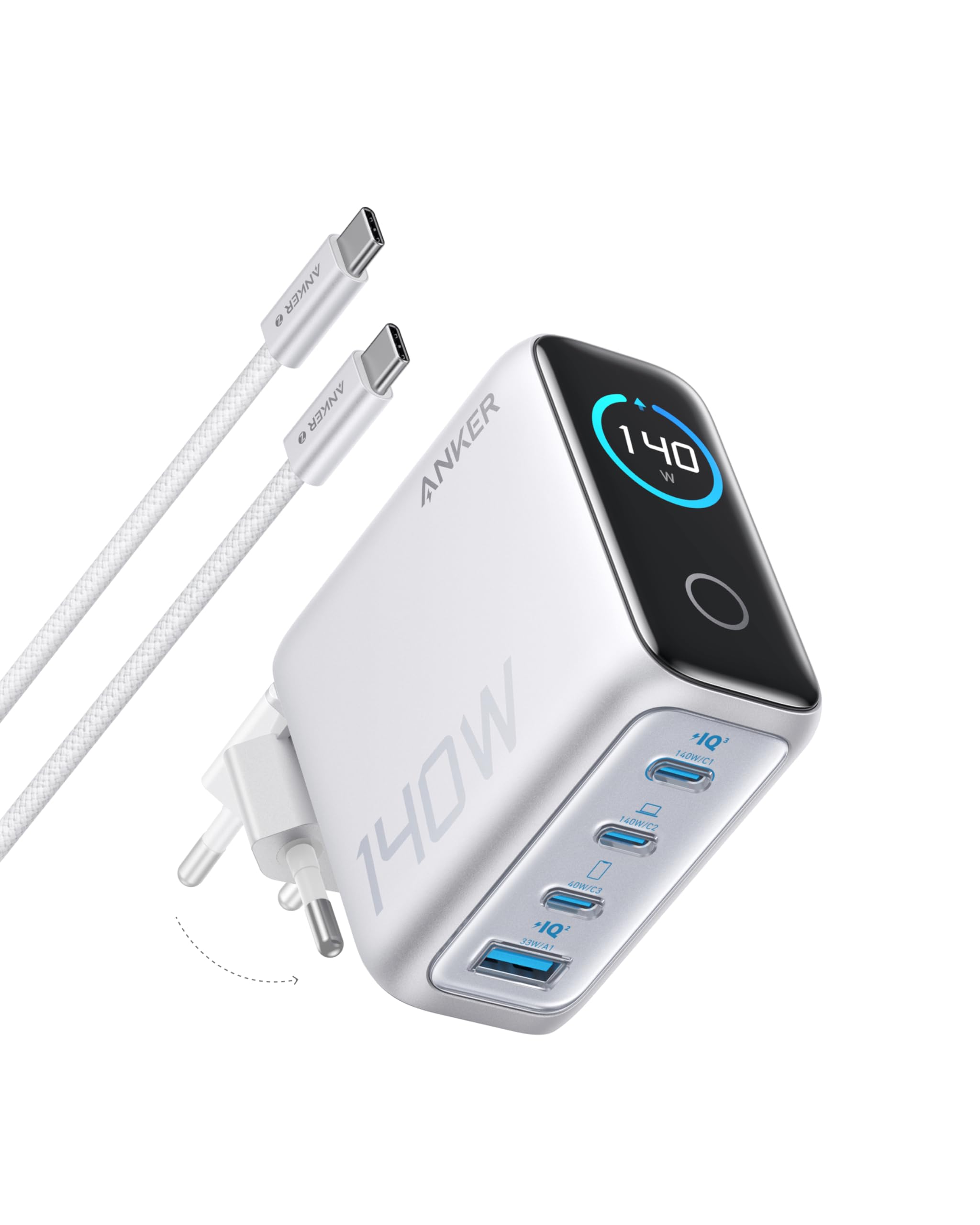 140W USB-C Charger, Anker Laptop Charger, 4-Port Multi-Device Fast Charging, Advanced GaN Power Adapter, Intuitive Touch Controls, for MacBook, iPhone 16 Series, Samsung Galaxy, Pixel, and More