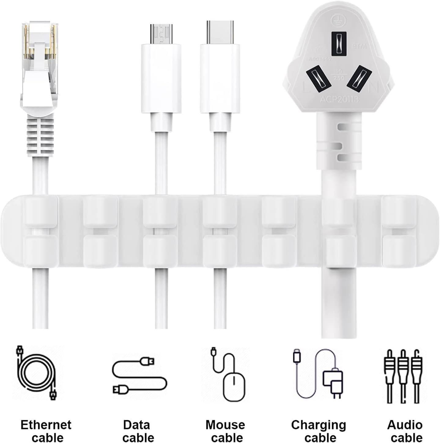 SOULWIT Upgraded Cable Holder, Cable Management Cord Organizer Clips Silicone Self Adhesive for Desktop USB Charging Cable Power Cord Bedside Wire PC Office Home (3/5/7 slot,White)