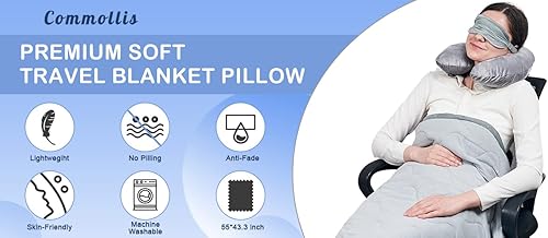 Miniatura 8 de Commollis Juego de almohada y manta de viaje 4 en 1 para aviones, incluye manta, almohada inflable, máscara de ojos y tapones para los oídos (azul