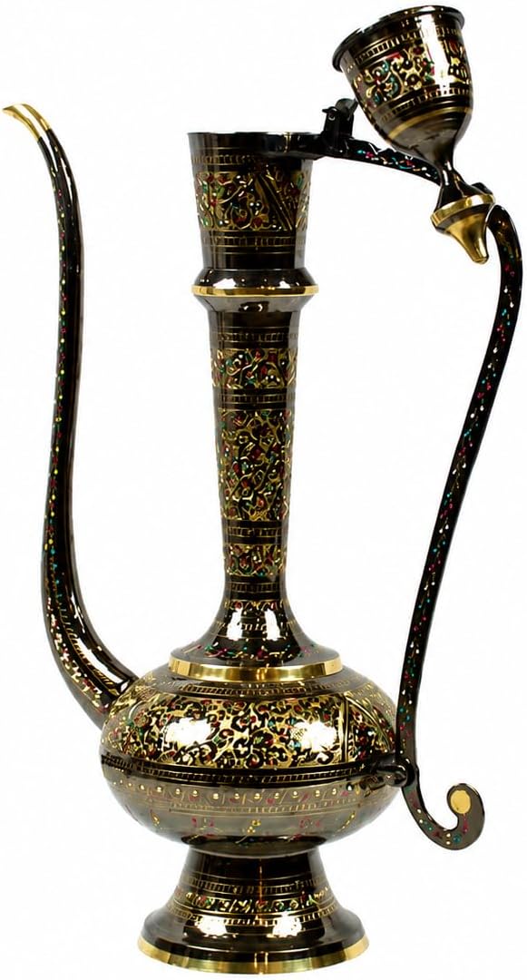Handmade Brass Aftaba Pitcher, Traditional Moroccan Style, Black and Gold, 23 Inch, Multicolor Enamel Inlay