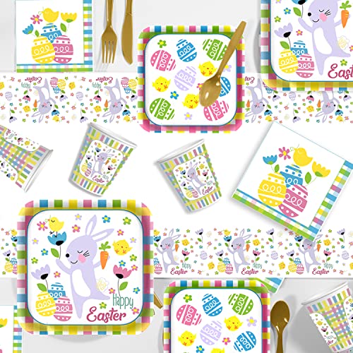 Pammyan Easter Buuny Party Supplies Tableware Set - 25 Set Happy Easter Dinnerware Tablecloth Set - Egg Paper Plates Napkins Cups, Gold Plastic Forks Knives Spoons For Spring Holiday Party #TOP4