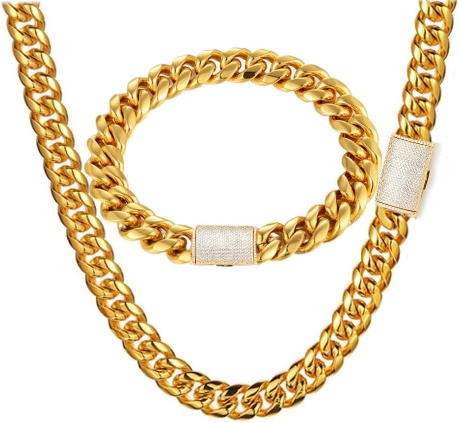 putouzip Miami Cuban Link Chain Set For Men 18K Gold Plated Stainless Steel 10/12mm Curb Bracelet Necklace Diamond Chains