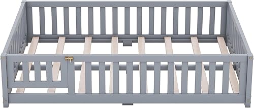 Miniatura 9 de Cama de suelo de tamaño matrimonial para niños, cama Montessori de madera con rejillas, valla de seguridad y puerta, marco de cama de piso con