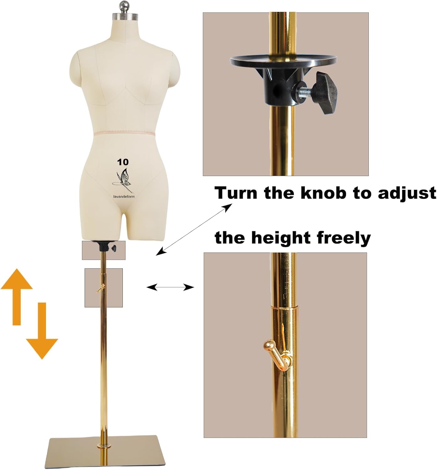 Female Dress Model Torso Body Clothing Forms,Size 10 Professional Dress Form for Display and Tailor DesignSewing Mannequin Foam Body for Pinning. (with Arms Beige, 10)