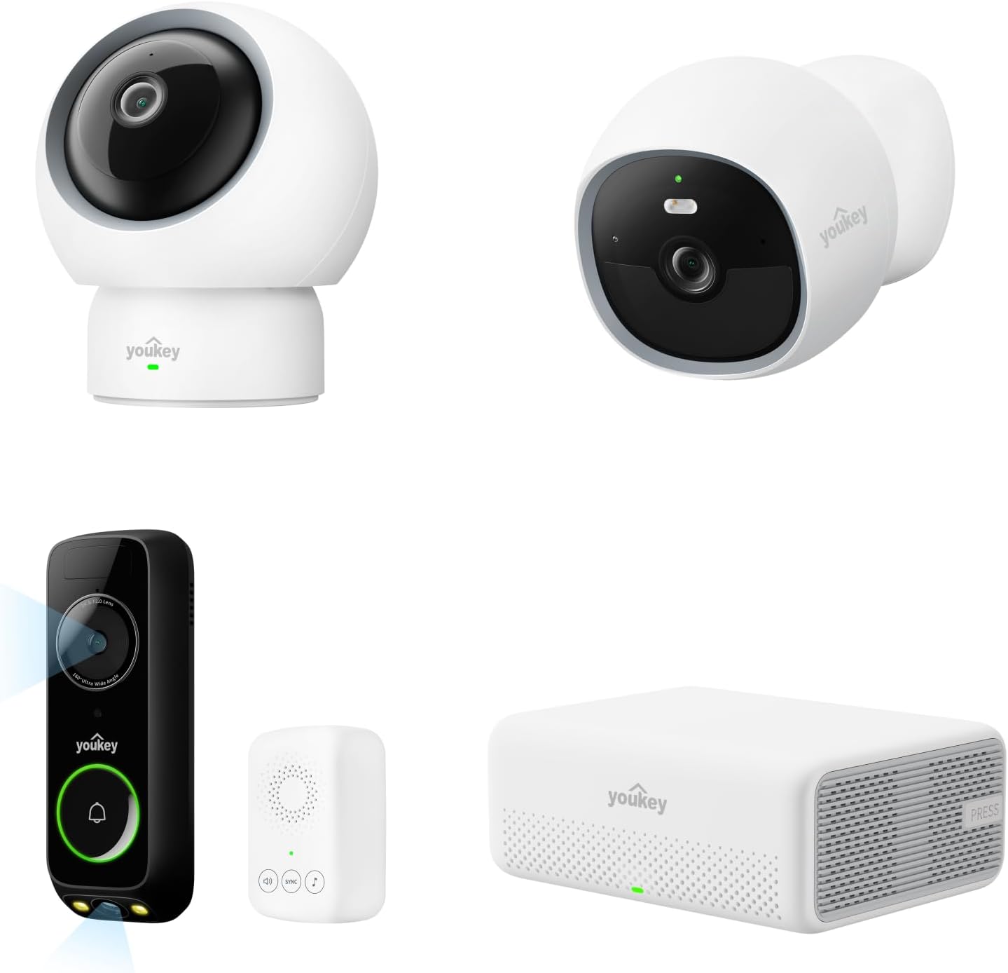 youkey Camera S320 + P310 + Doorbell DB312 with Homebase H310, No Monthly Fees, 2.4/5GHz WiFi-6, Two-Way Talk, Color Night Vision, Compatible with Alexa & Google Assistant
