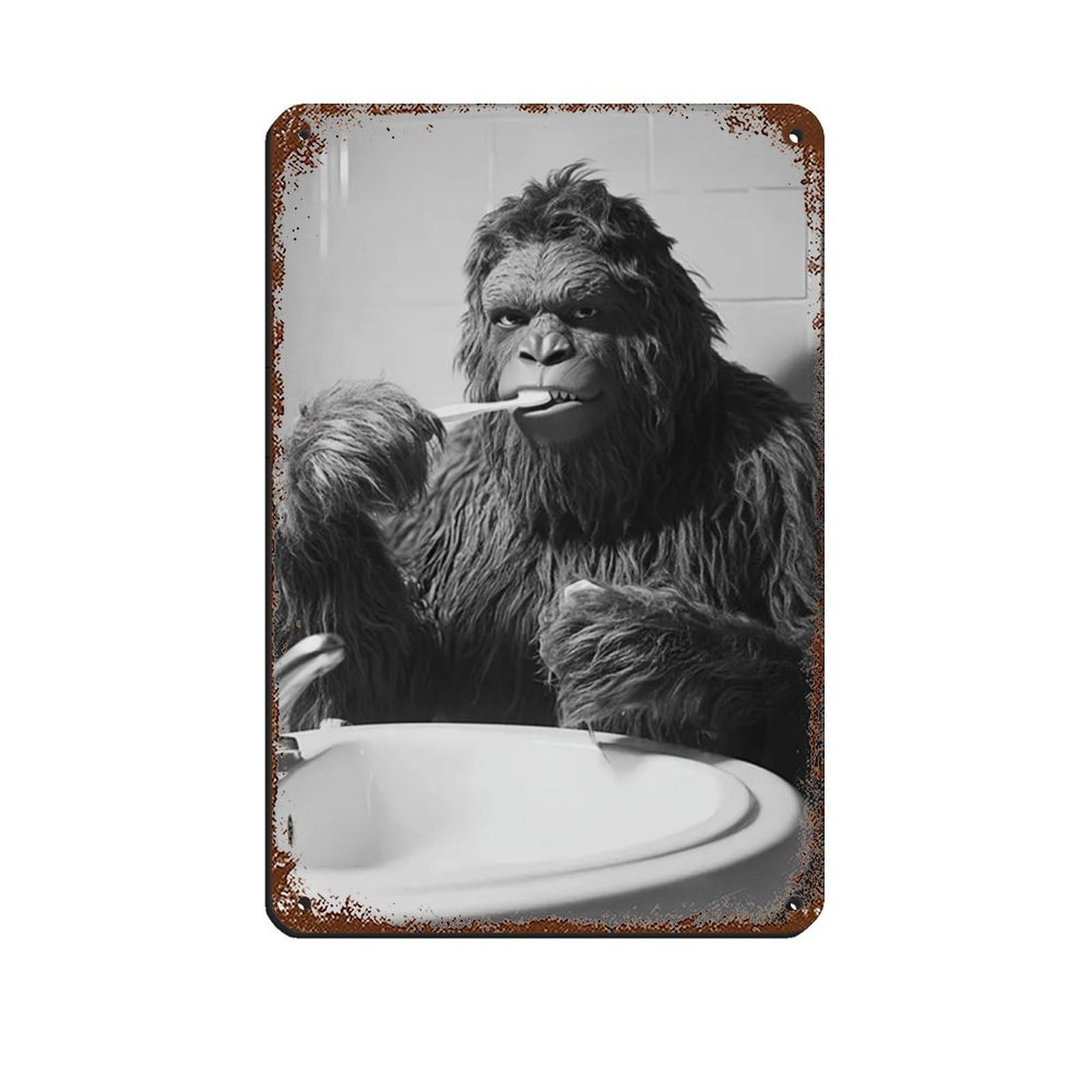 Sasquatch Brushing Teeth, Funny Bathroom Art Retro Poster Metal Tin Sign Chic Art Retro Iron Painting Bar People Cave Cafe Family Garage Poster Wall Decoration 8x12inch(20x30cm)