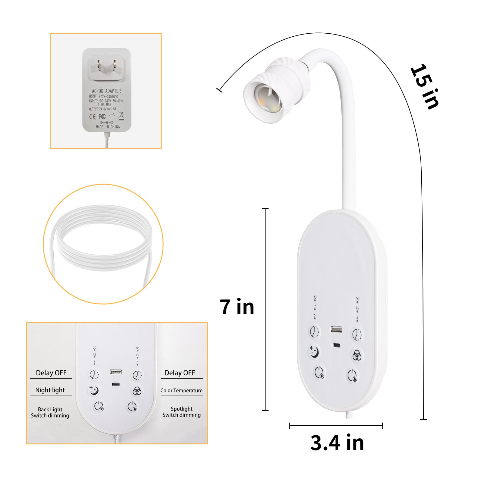 LED Wandmontierte Leselampe für das Bett, Buchlicht zum Lesen mit Touch-Steuerung, stufenlos dimmbar, flexibles Schwanenhals Bettlicht mit USB C+A, Nachtlicht & Timer-Funktion (Weiß)