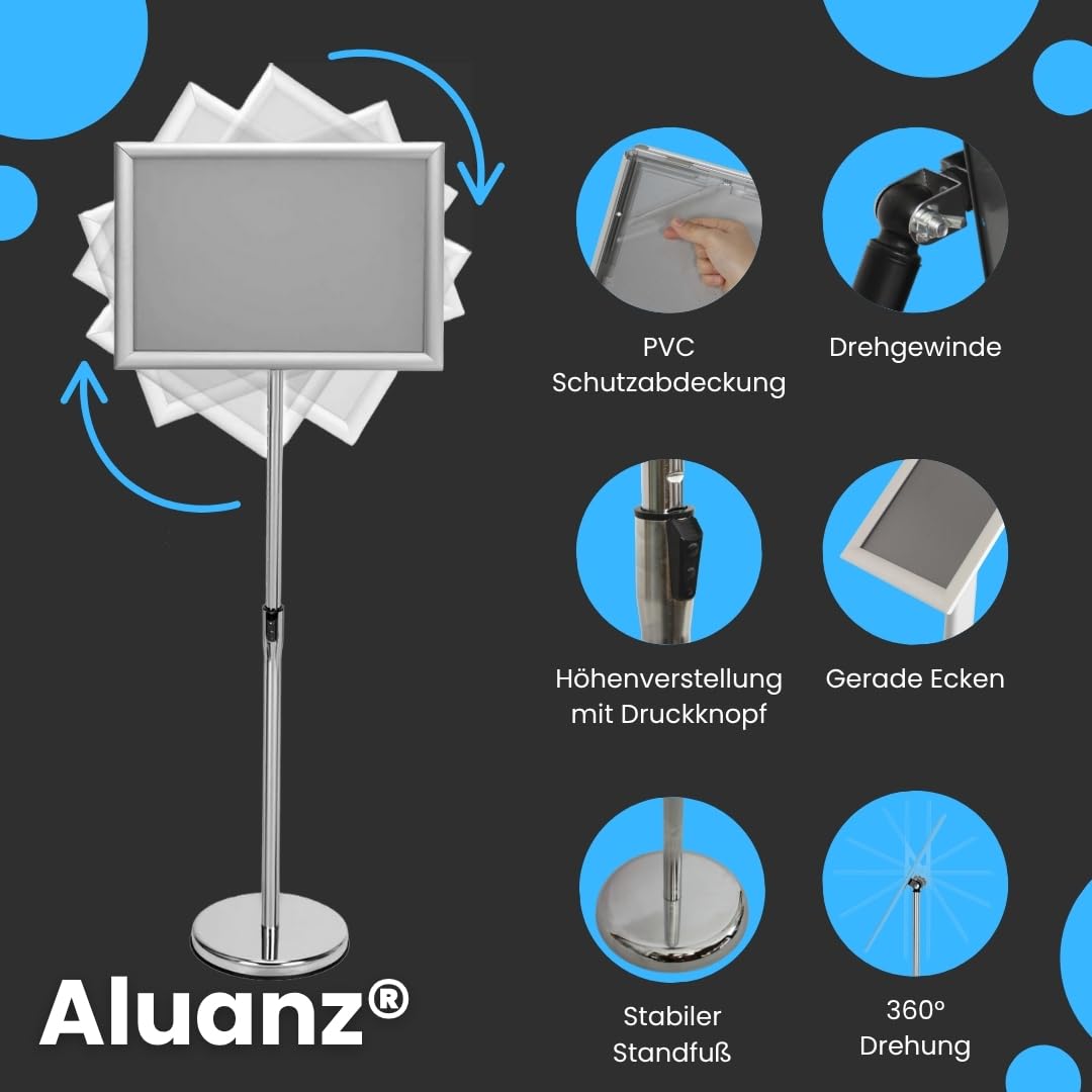 Infoständer Höhenverstellbar, A4, Silber, 2 Stücks | Informationsständer, Bodenständer aus Aluminium, Drehbarer Präsentationsständer, Posterständer, Plakatständer