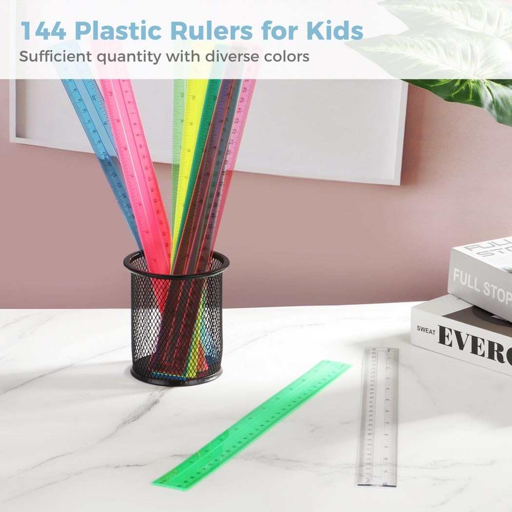 144 mini righelli in plastica in 9 colori, forniture scolastiche a doppia misura, righelli in pollici e centimetri per ufficio