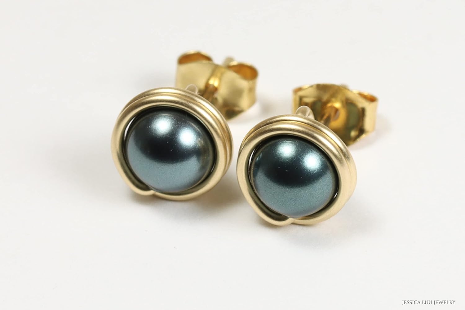 Jessica Luu Jewelry Gold Dark Tahitian Pearl Stud Earrings Handmade