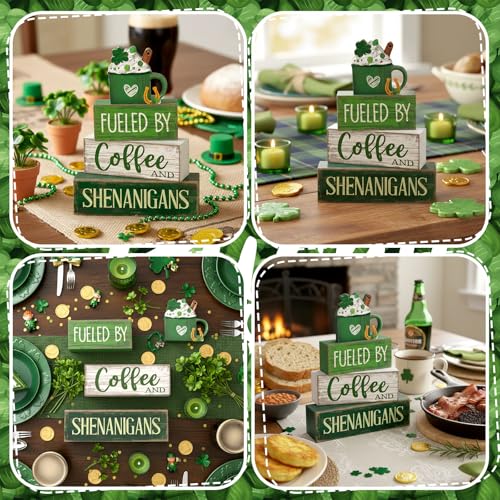 Image of Moucuny 4 Pcs St Patricks Day Table Decoration Wooden Green Ice Cream Cup St. Patrick's Day Tiered Tray Decor Irish Centerpiece Green and White Happy St Patricks Coffee Bar Decor for Home Kitchen