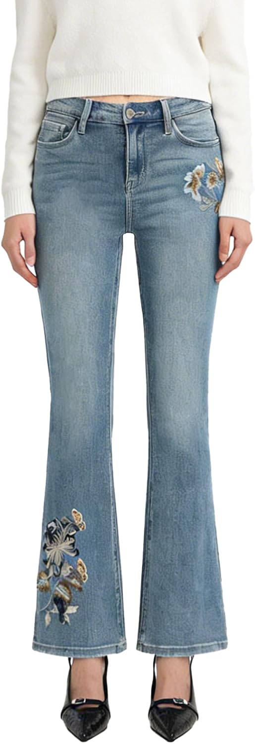 Straight Leg Jeans for Women Mid Rise Flare Bell Bottom Jeans Stretchy Floral Embroidery Bootcut Denim Pant Trendy - Image 2