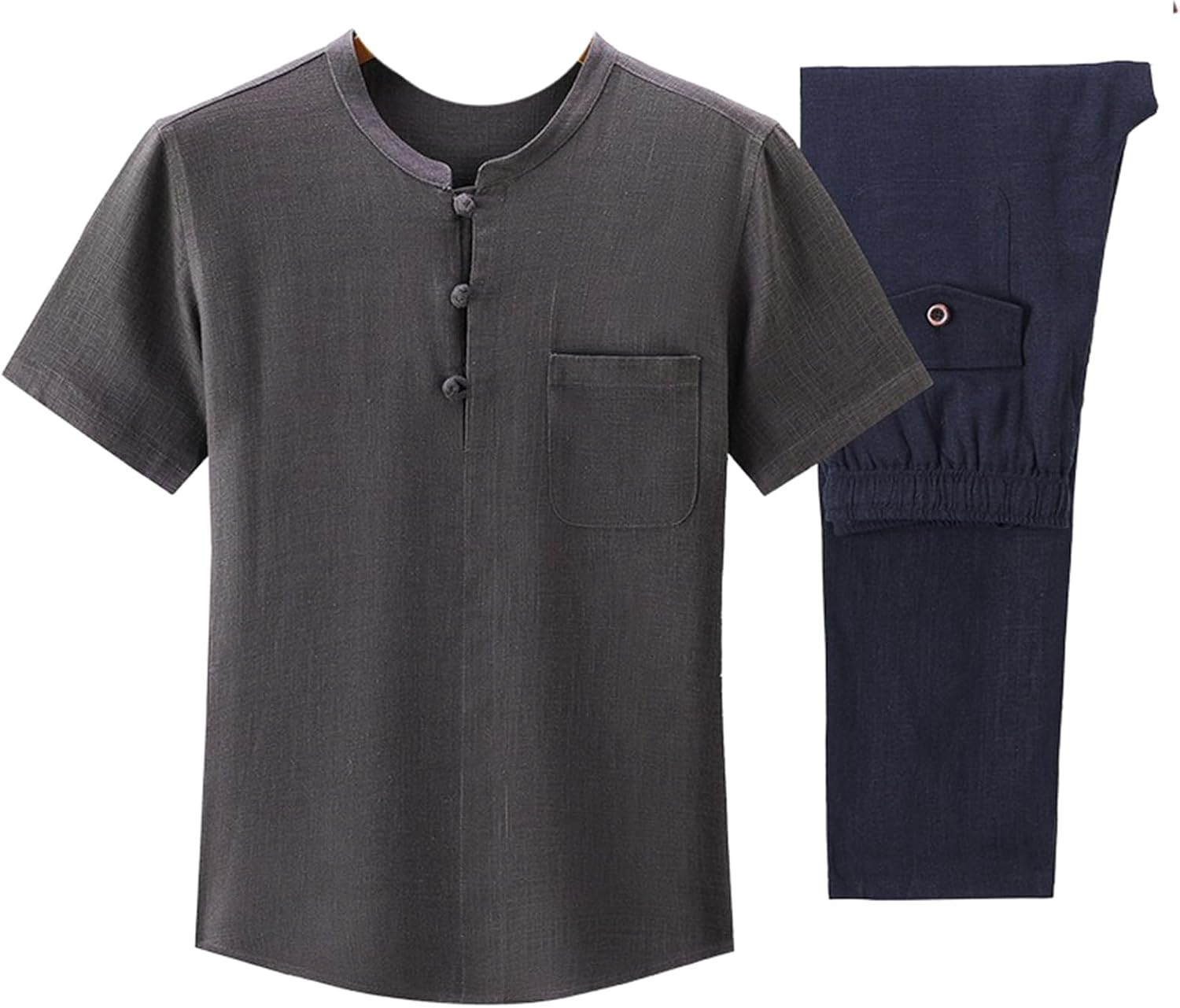 Men's Chinese Style Linen Set Short Sleeve T-Shirt Cotton Linen Middle Aged 2 Piece Outfit