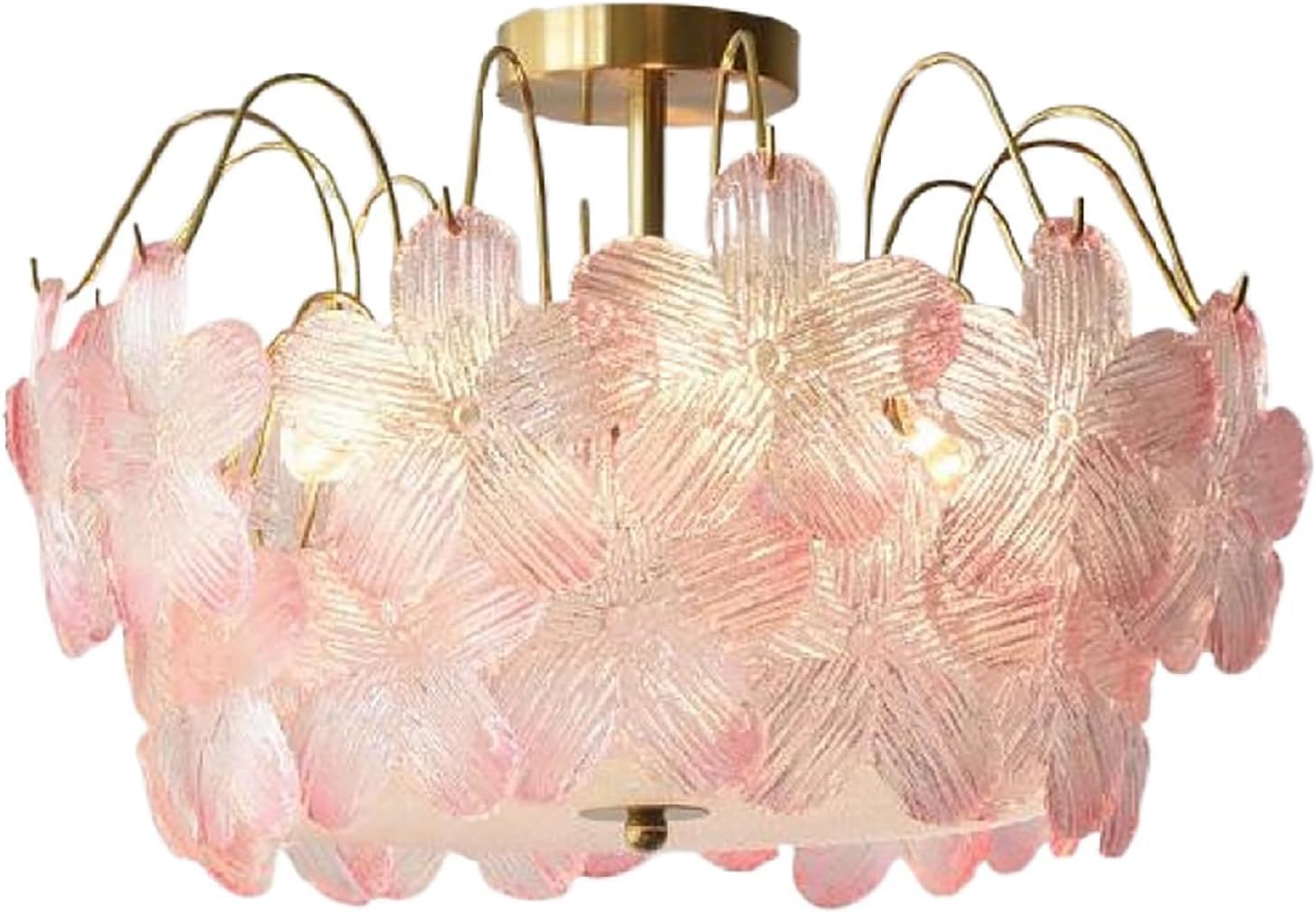 Semi Flush Mount Ceiling Light Glass Flower Pink Flower Chandelier for Girl's Room Modern 6-Light Crystal Pendant Lamp Rustic Lotus Pendant Light for Bedroom Living Room