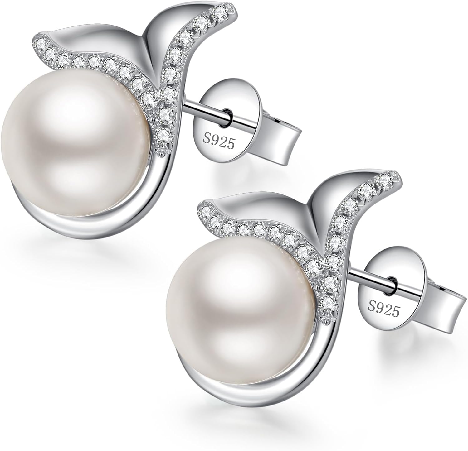 925 Sterling Silver Pearl Stud Earrings for Women Cubic Zirconia Pearl Earrings for Ladies, White/Light Gray/Dark Gray
