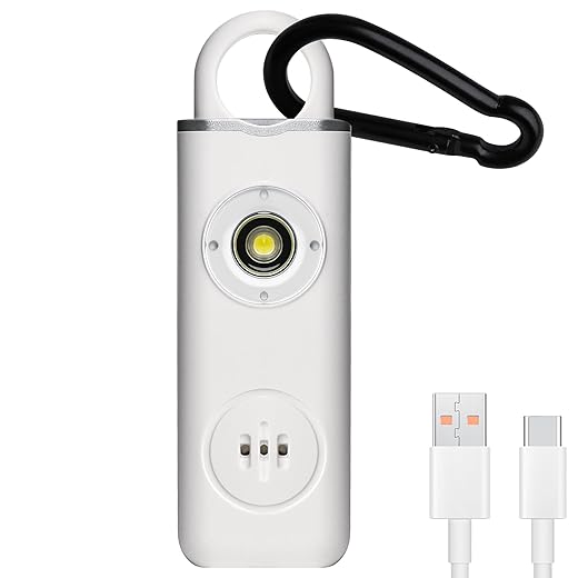 Rechargeable Personal Safety Alarm for Women, Teens, Elderly, and Children, 130dB Loud Siren Pocket Size Security Alarmee with LED Strobe Light and Keychain (White) (with Keychain)