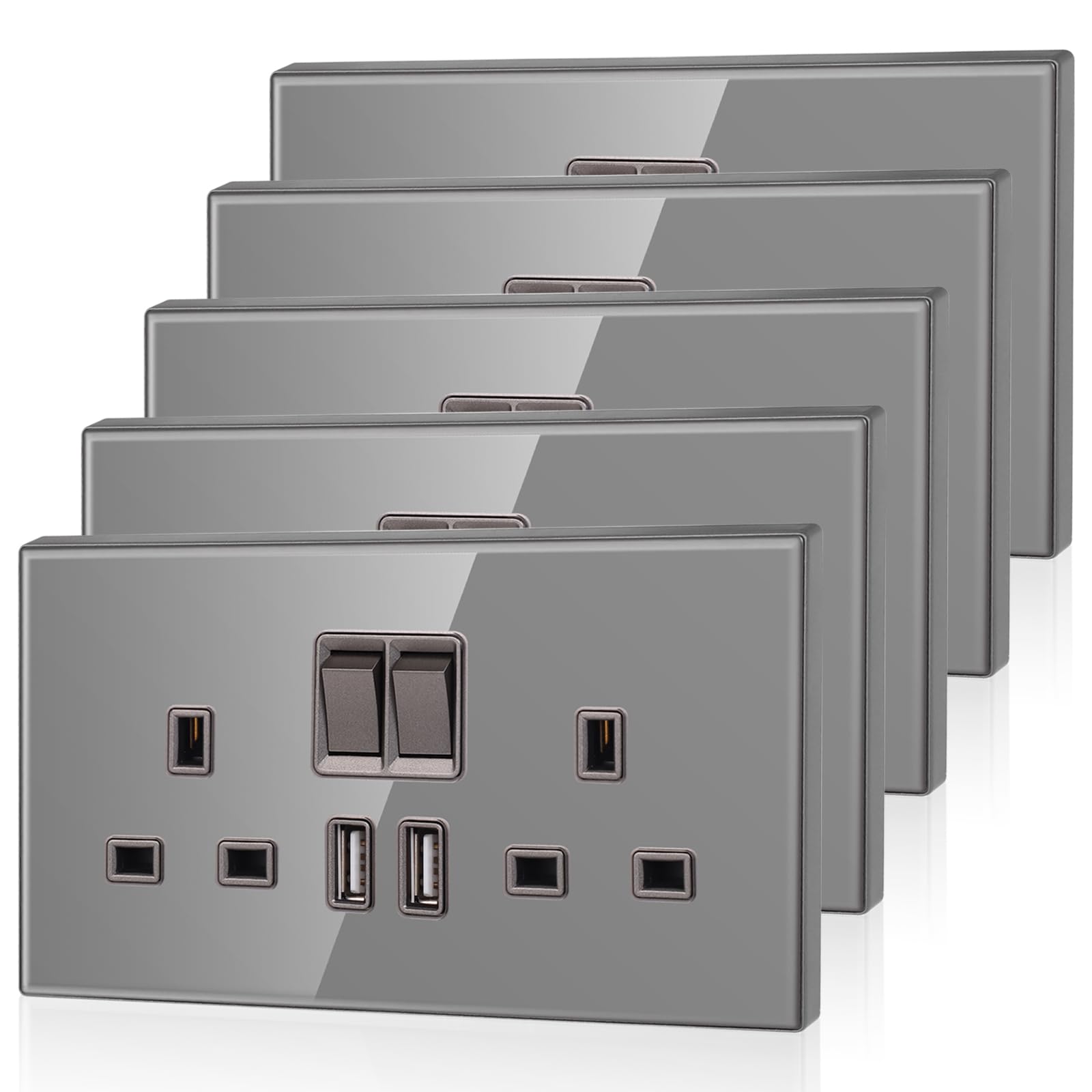 5 Pack CNBINGO Glass Double Switched Power Socket with 2 USB-A Charging Ports (2.1A Output), Electric Power Sockets 2 Gang 13 Amp, Grey Double Wall Outlet with Tempered Glass Panel