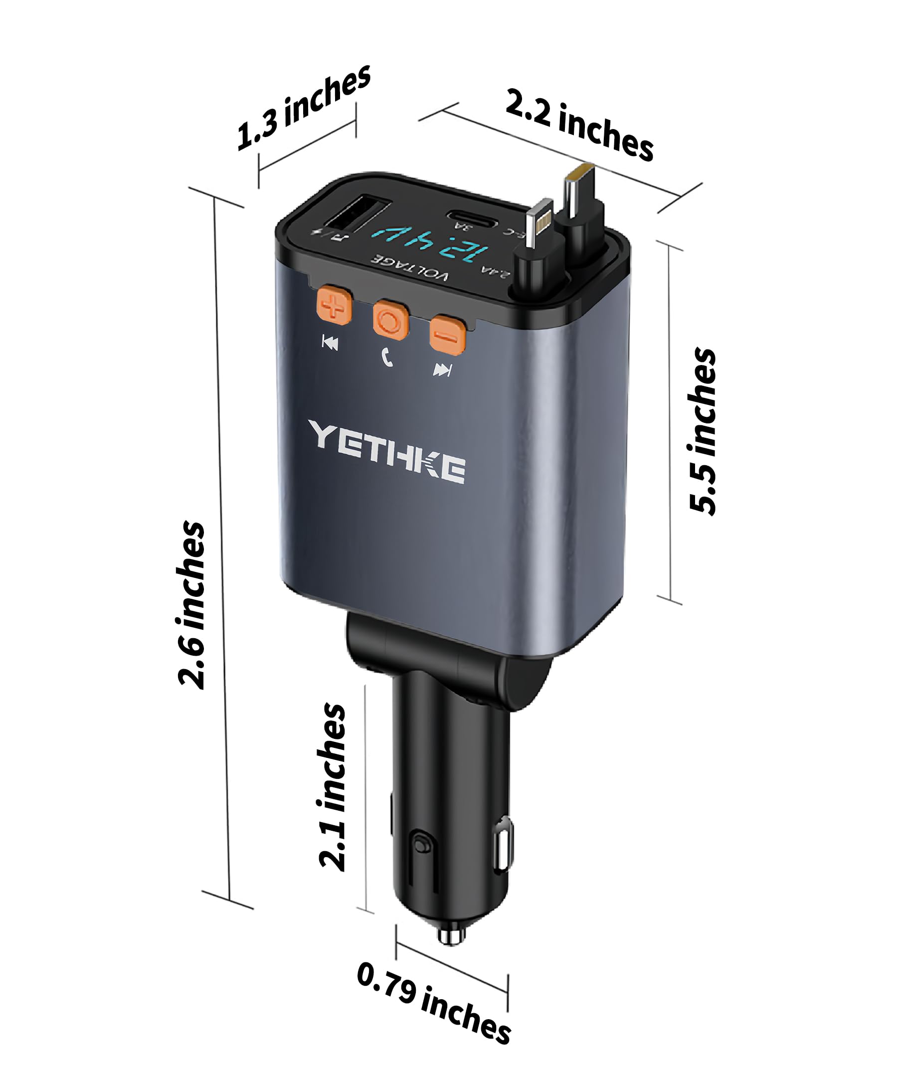 Caricatore retrattile da auto, adattatore trasmettitore FM Bluetooth 5.4, caricabatterie rapido 4 in 1 da 69 W, chiamate in vivavoce, caricatore USB per telefono auto e 2 cavi