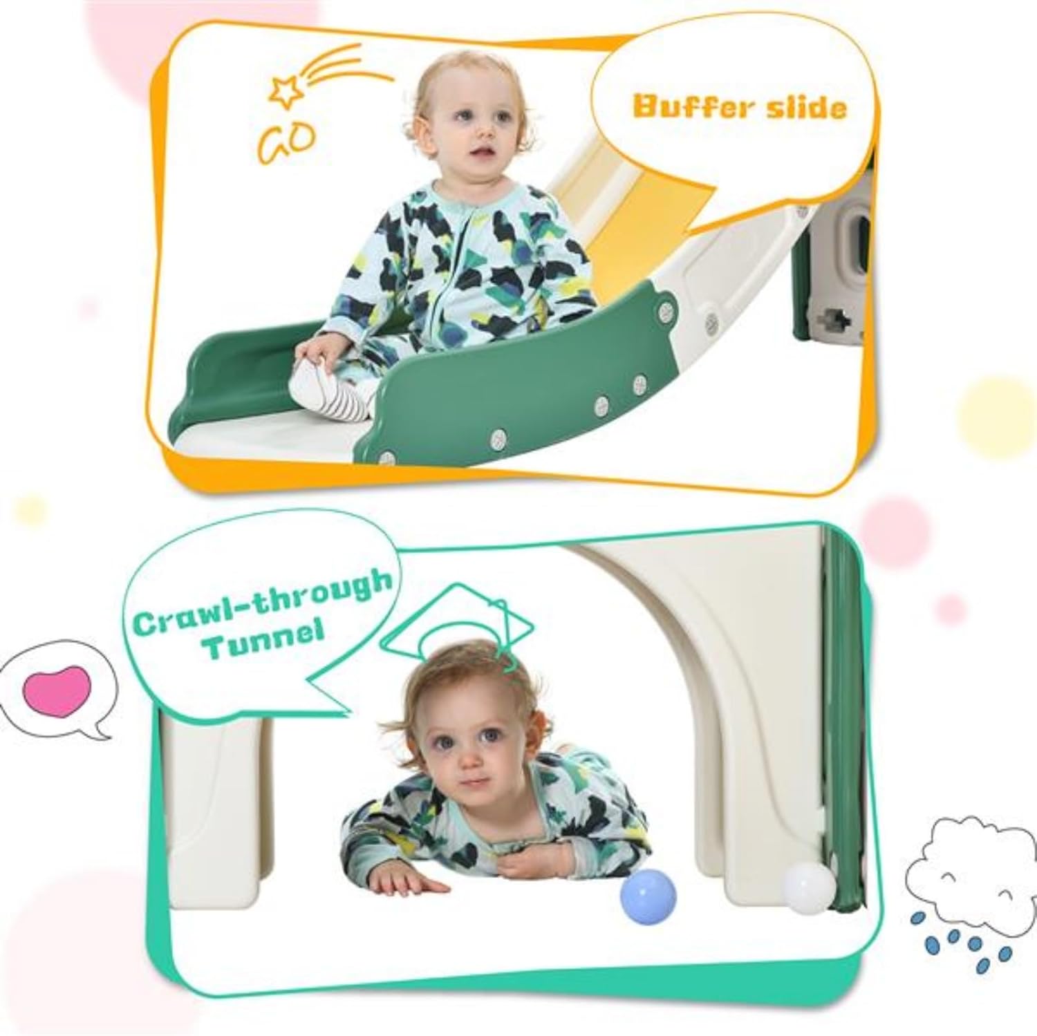 5 In 1 Children's Slide Play Set,Free-standing Castle Climbing Frame with Slide and Basketball Stand, Children's Climbing Playhouse, Suitable for Indoor and Outdoor Activities, Yellow, White and Green