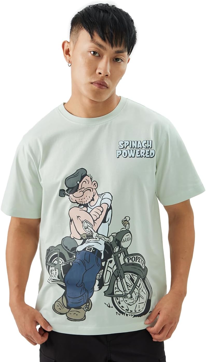 The Souled Store Official Popeye: Spinach Powered Men and Boys Short Sleeve Round Neck Blue Graphic Printed Regular Fit Cotton T-Shirts