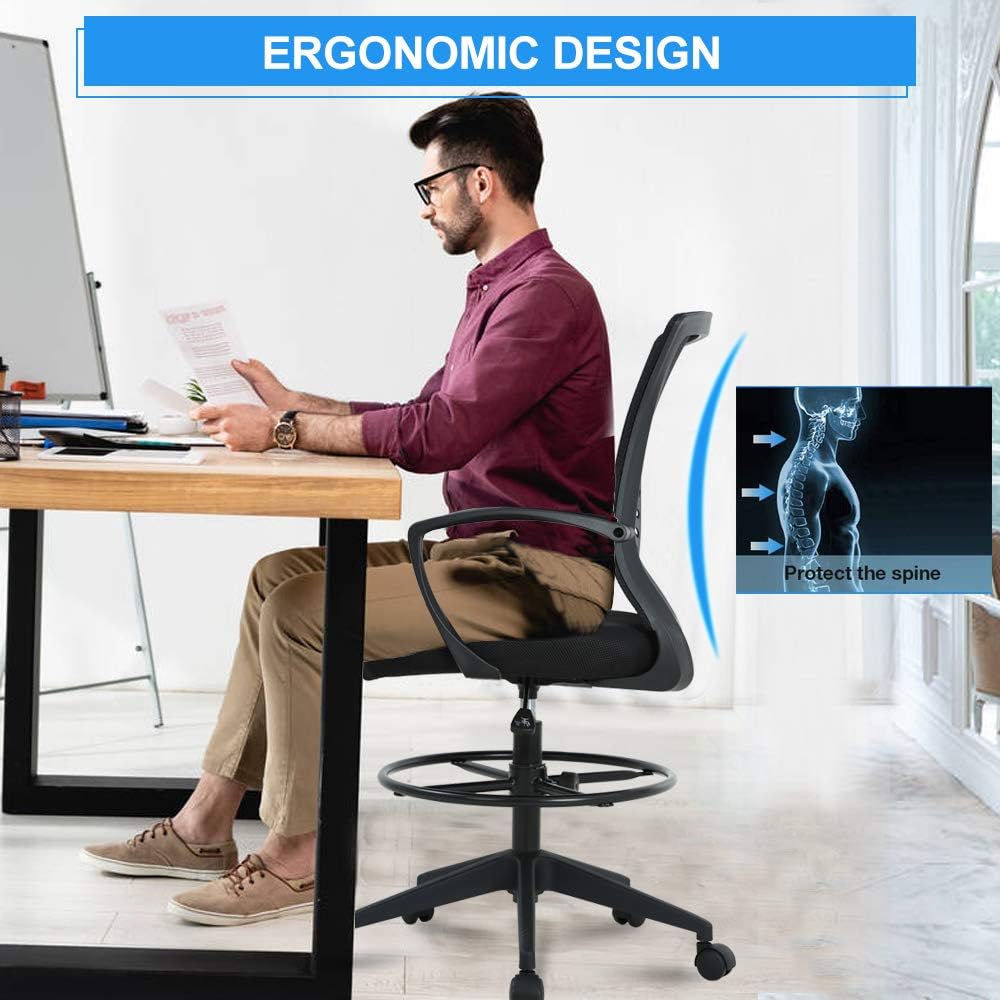 Drafting Chair Tall Office Chair Ergonomic Desk Chair Massage Mid Back Mesh Computer Executive Chair with Lumbar Support & Foot Ring Height Adjustable Rolling Swivel Drafting Stool for Standing Desk