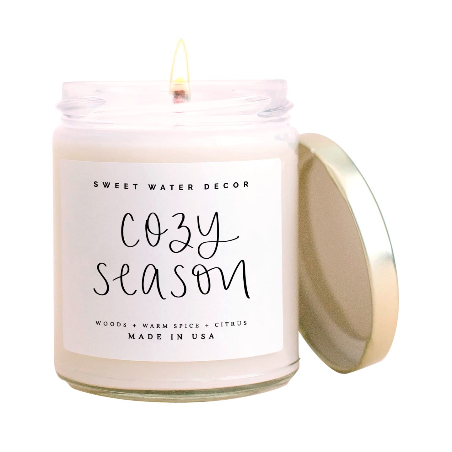 Sweet Water Decor Cozy Season Candle | Woods, Warm Spice, and Citrus Autumn Scented Soy Candles for Home | 9oz Clear Jar, 40 Hour Burn Time, Made in the USA