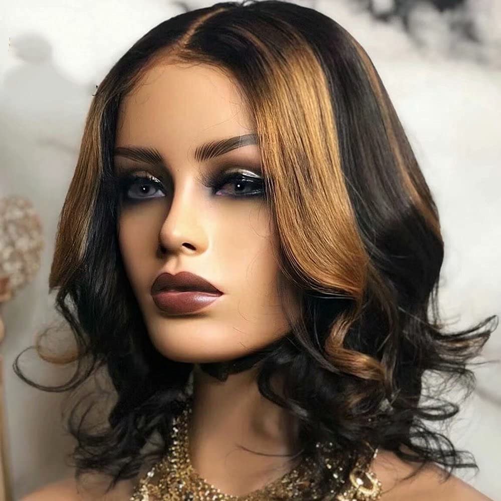 ten chopsticks Short Wavy HD Transparent 13X6 Lace Brazilian Remy Human Hair Wigs Hightlight Color Loose Wave Bob Wig With Pre Plucked Natural Hairline for Women 150 Density 8 inch
