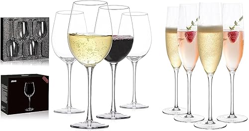 JBHO Juego de 4 copas de champán, elegantes copas, copas de vino blanco y tinto, caja de regalo, copas de champán sopladas a mano, 100% sin plomo,