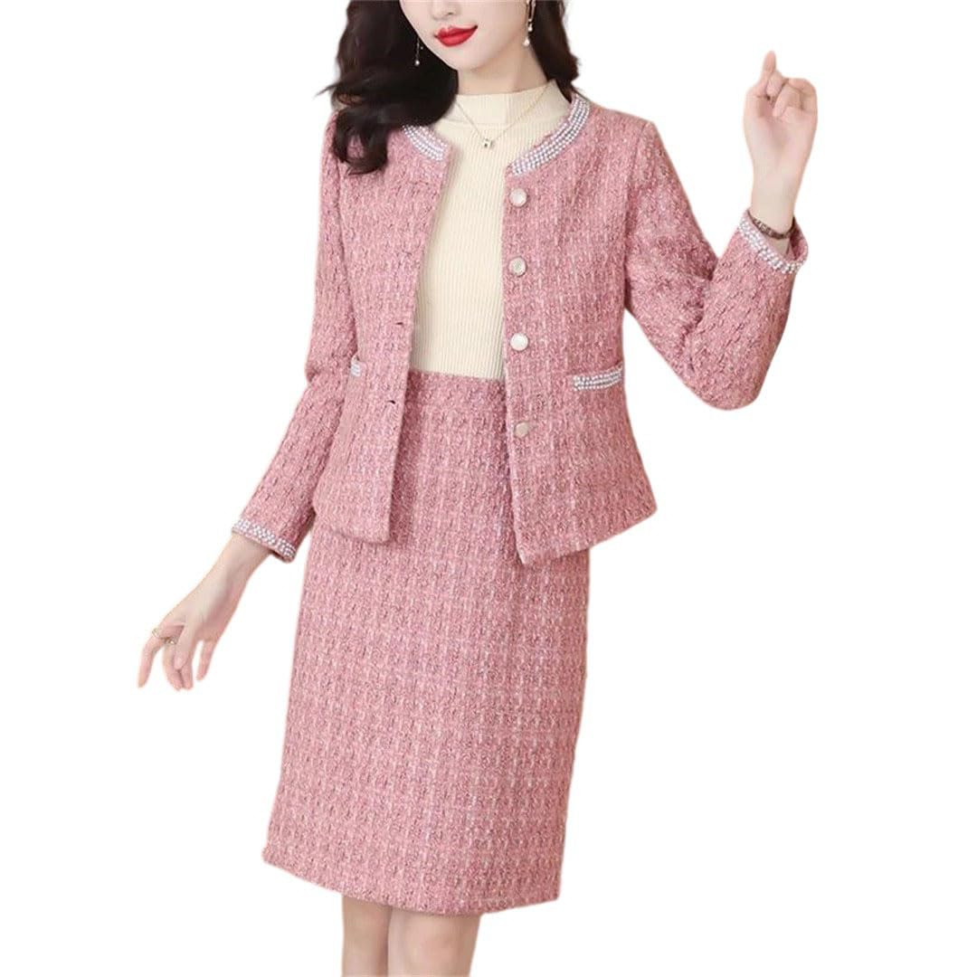 Womens Short Coarse Tweed Pearl Inlaid Blazer Half Skirt Set Retro Round Neck Plaid Woolen Jacket Half Skirt