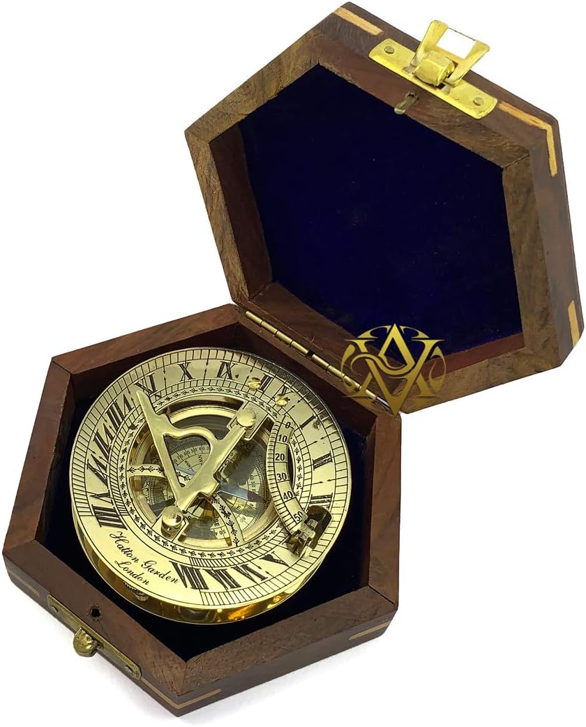 Solid Brass Royal Navy Telescope in Wooden Box & Shiny Brass Sundial Compass in Vintage Box Decor Gifts