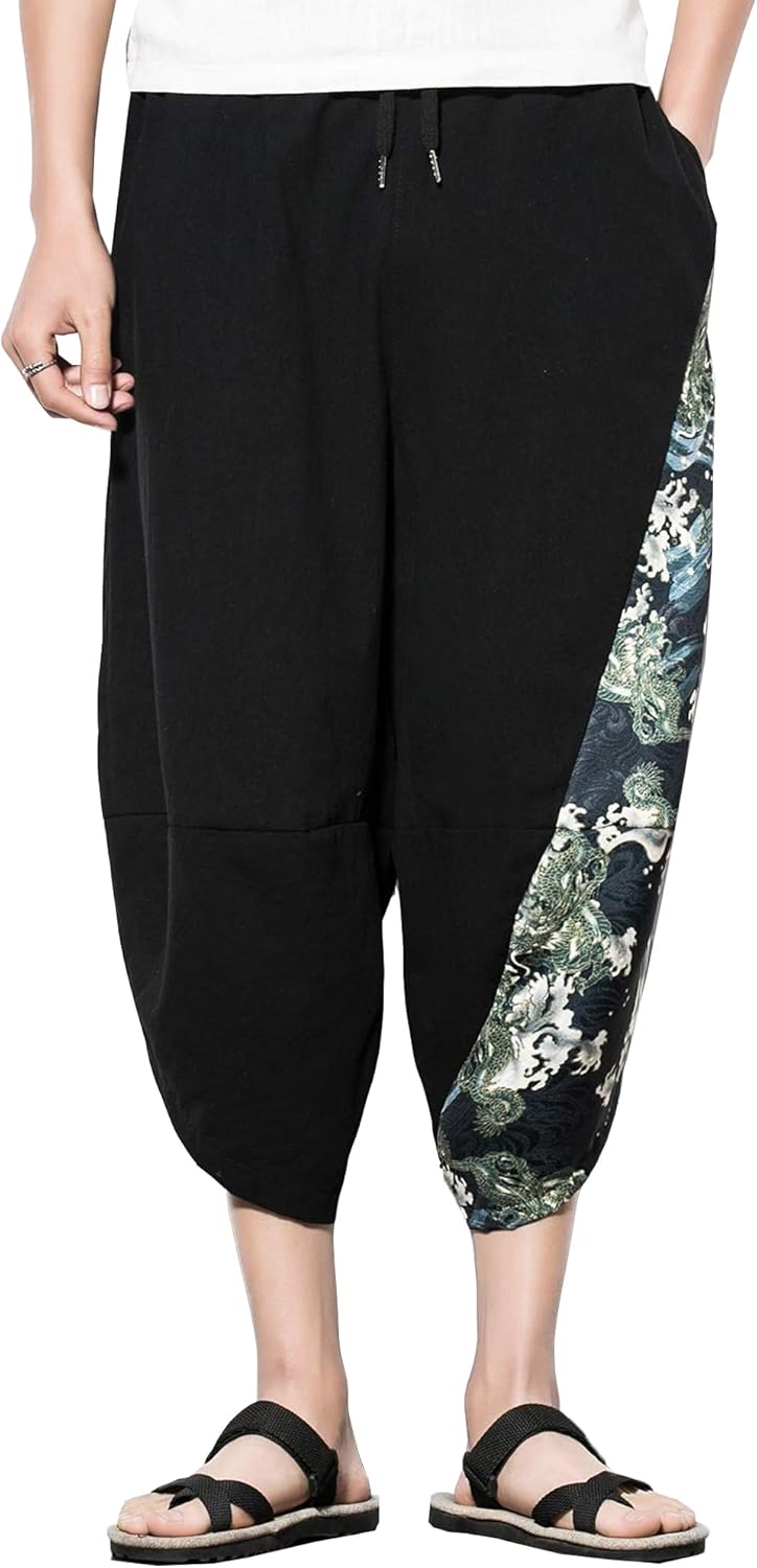 DOSLAVIDA Men's Linen Harem Capri Pants Lightweight Elastic Waist Wide Leg Cropped Trousers Casual Loose Beach Capris - Image 5