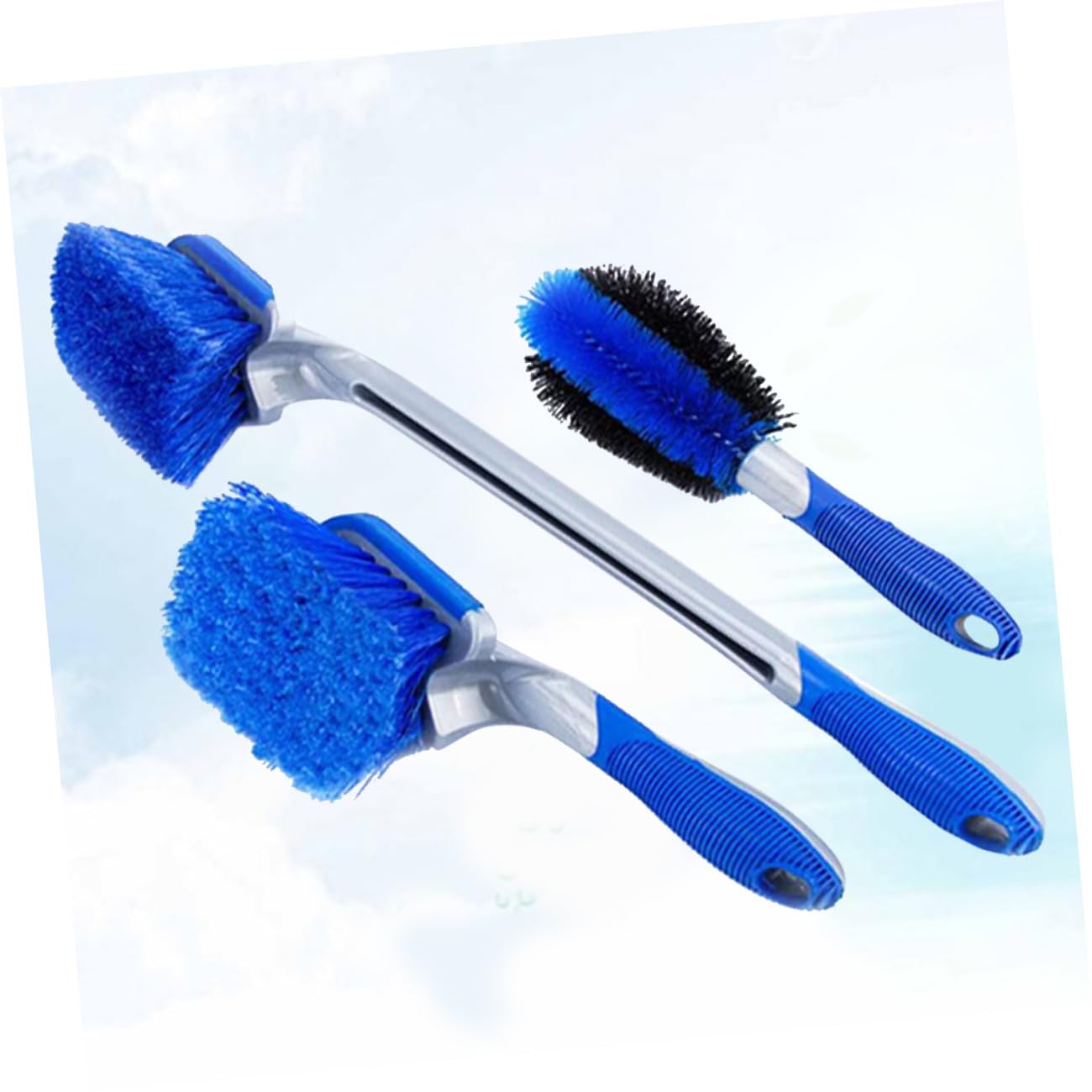 Ciieeo Set di 3 Spazzole per Cerchioni Auto Blu in PVC e Pp | Impugnature Corte e Lunga, per Raggio e Paraurti, Kit Pulizia Pneumatici, Uso Auto e Moto