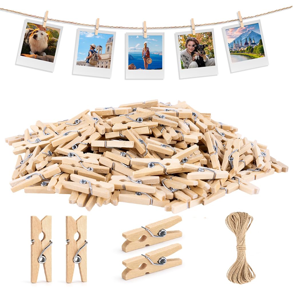 jijAcraft 2.5cm Mini Wooden Pegs: 200Pcs Mini Pegs for Hanging Photos Cards, Natural Small Wooden Clips with 10M Jute Twine for DIY Crafts, Wedding Decoration