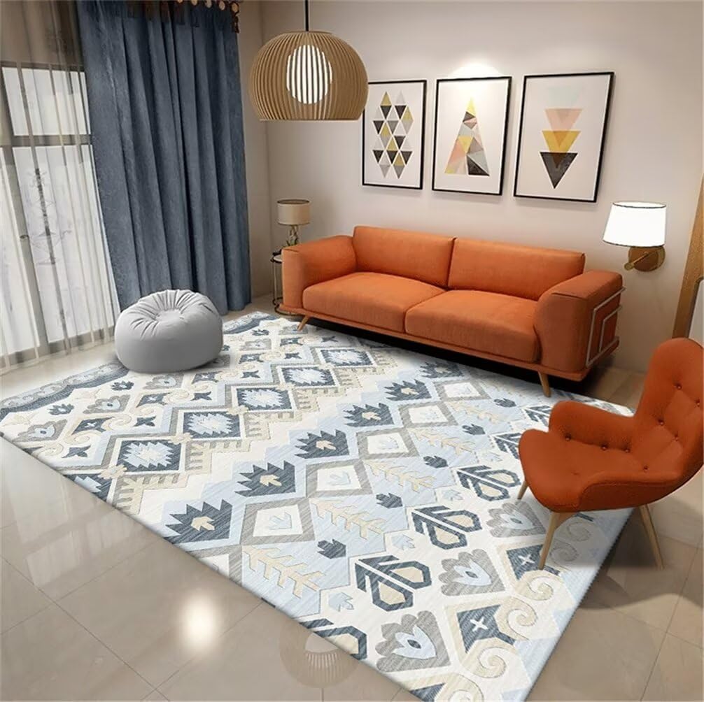Grand tapis de salon moderne bleu et gris pour grand espace de vie