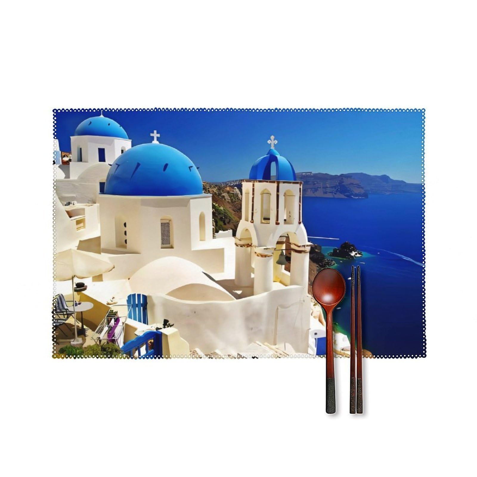 Santorini Greek Island Sea View Placemats Set of 6, Canvas Rectangular Dining Table Mats, Durable Heat Resistant Washable Place Mats for Party Kitchen Restaurant Home Decor, 30 X 45 Cm