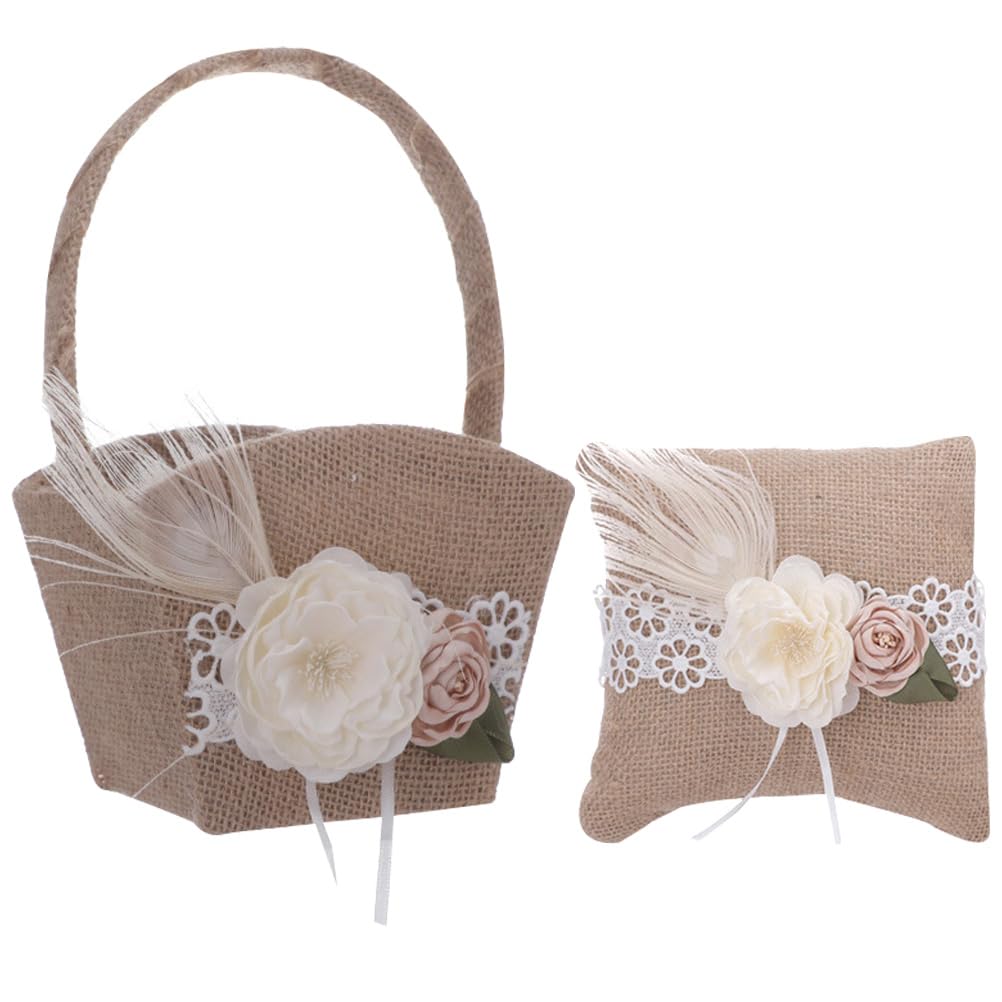 Blumenkorb für Blumenmädchen 1 Satz Leinen für Hochzeit | Ringkissen, Kaffeeton, nicht Leicht zu Brechen, mit Künstlichen Blumen Dekoriert