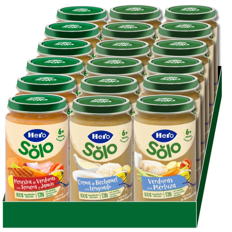Hero Baby Caja Mixta Tarritos de Carne y Pescado, Verduritas con Merluza, Bechamel con Lenguado y Menestra con Ternera y Jamón, Sin Aceite de Palma, 100% Natural, Desde los 6 Meses, Pack de 18x235 gr