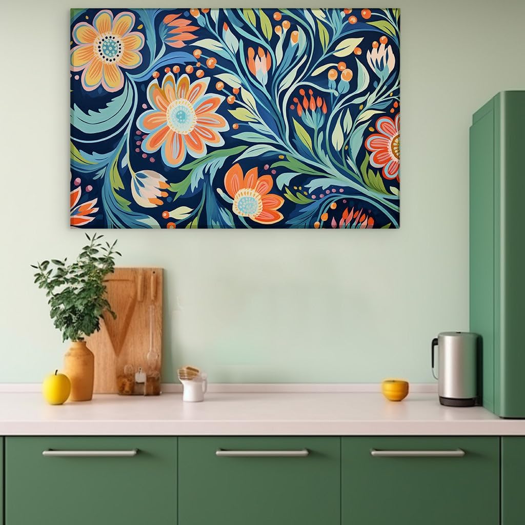 Canvas for Living room. Abstract Blossom Harmony in Orange and Blue: A Digital Painting Exploration, 27 x 18 inch Canvas Wall Art - Contemporary Masterpieces - Modern Home Decor