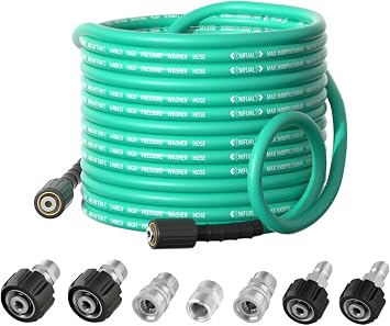 Flexible Pressure Washer Hose 50FT X 1/4",Kink Resistant,3600 PSI Pressure Washing Hose,Heavy Duty Power Washer Hose,M22 to 3/8" Quick Connect Couplers for Extension Replacement Hose, 7 Accessories