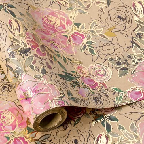 RUSPEPA Rollo de papel de regalo Kraft - Mini rollo - Estampado de flores rosas de papel de aluminio dorado Ideal para cumpleaños, vacaciones, fiestas y más - 43,2 cm x 5 m