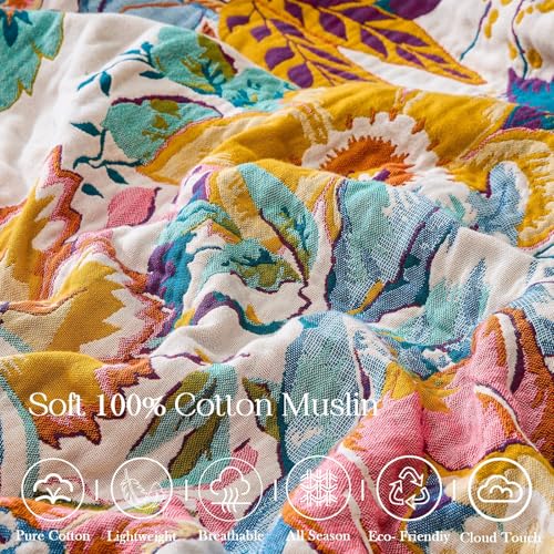 Image of XIBLC Boho Throw Blanket 100% Cotton Vintage Blanket Muslin Woven Flower Decorative Throw Blankets All Season Bohemian Rustic Farmhouse Decor Quilt for Bed (Yellow 80 inchx90 inch)