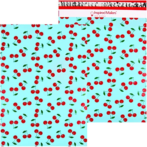 Image of Inspired Mailers - Poly Mailers 10x13 - 100 Pack - Cherries Print (Blue) - Shipping Bags for Clothing - Large Mailing Envelopes - Shipping Envelopes - Cute Packaging Bags for Shipping