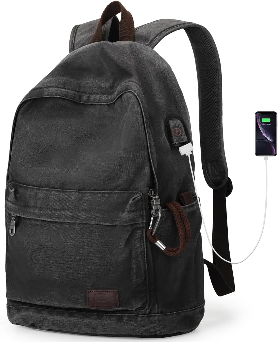 Muzze Canvas Backpack for Women and Men, Lightweight Classic Laptop Backpack with USB Charging Port for School, Travel and Daily Use, Black