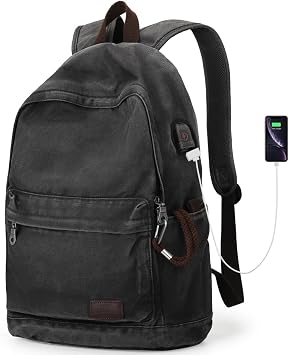 Muzee Canvas Backpack for Women and Men, Lightweight Classic Laptop Backpack with USB Charging Port for School, Travel and Daily Use, Black