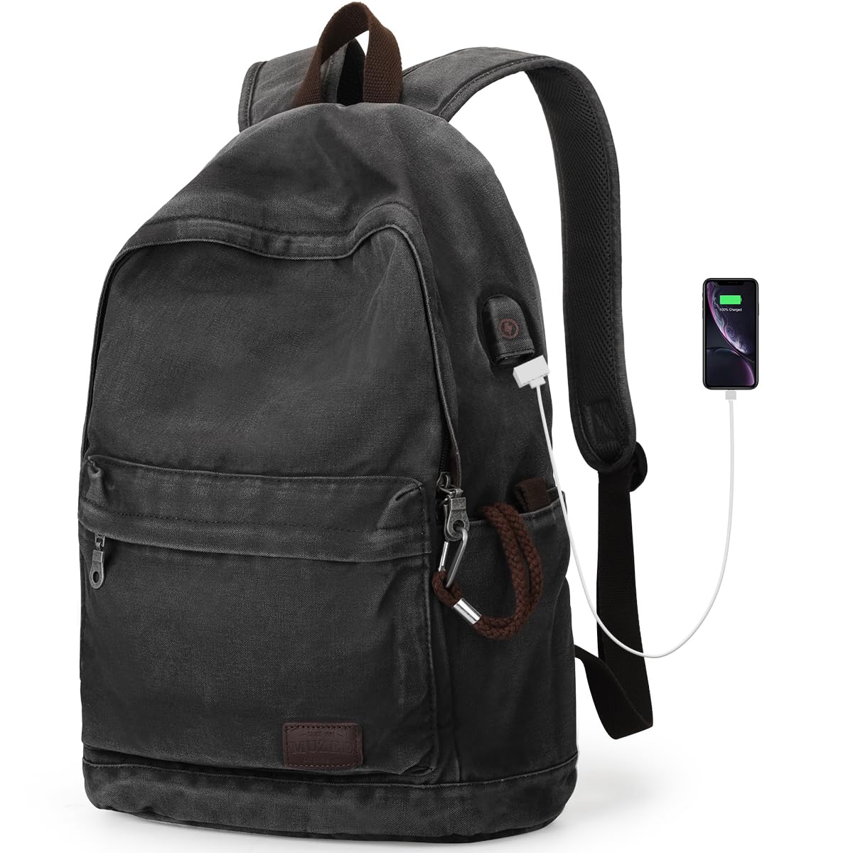 Muzze Canvas Backpack for Women and Men, Lightweight Classic Laptop Backpack with USB Charging Port for School, Travel and Daily Use, Black