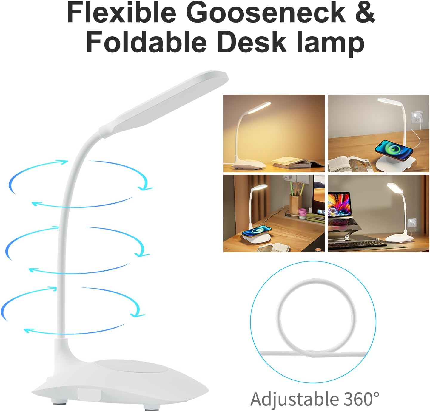 LED Desk Lamp with Wireless Charging, Touch Control, Dimmable Office Light, Eye-Caring, Adjustable Gooseneck Table Lamp for Bedroom, Bedside Study