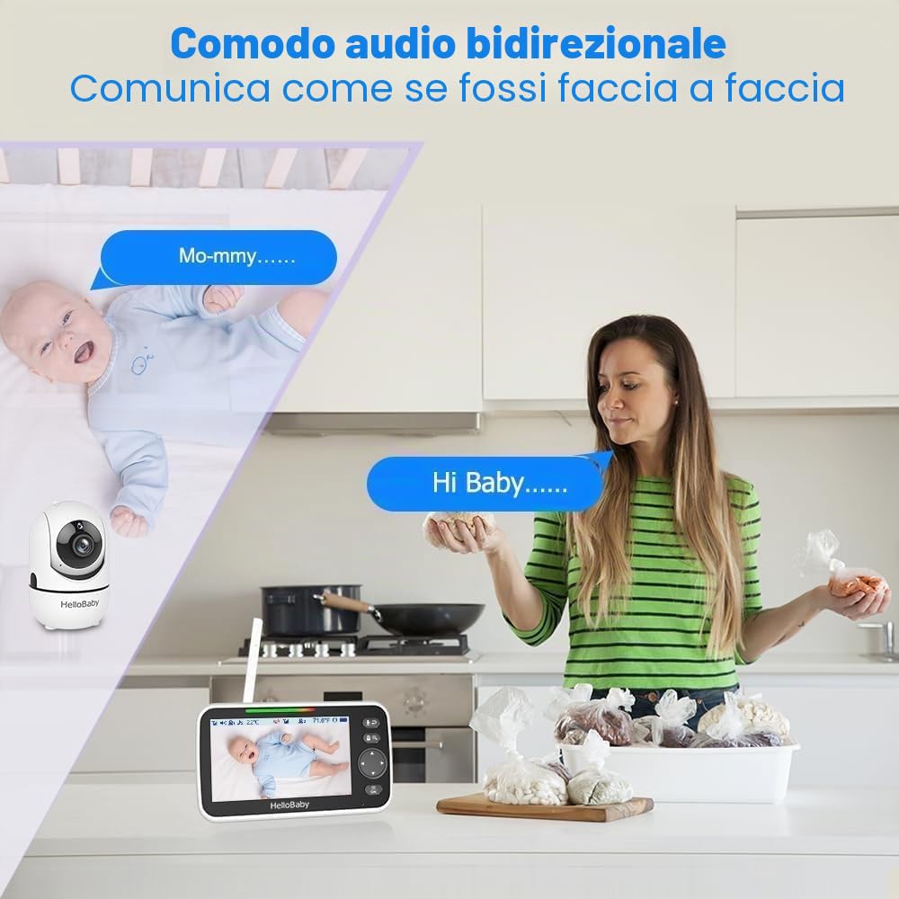 HelloBaby Baby Monitor, display da 5'' con batteria da 30 ore, baby monitor video pan-tilt-zoom con fotocamera e audio, visione notturna, conversazione a 2 vie, temperatura, 8 ninne nanne e 300m