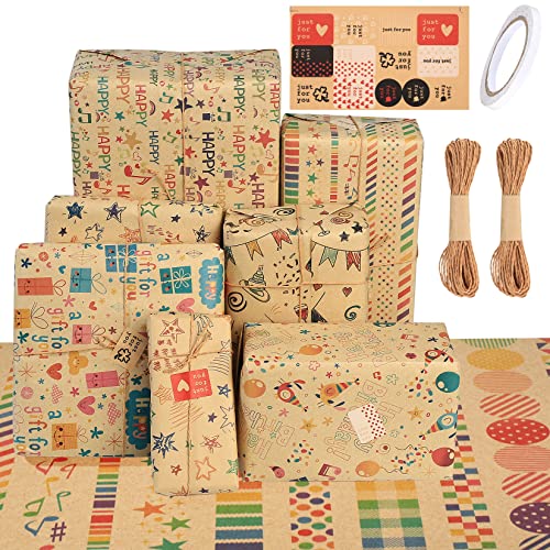 7 Hojas Papel de Regalo Kraft, Papel de Regalo de Cumpleaños, Papel Embalaje de Regalo Retro para Cumpleaños, Fiestas -...