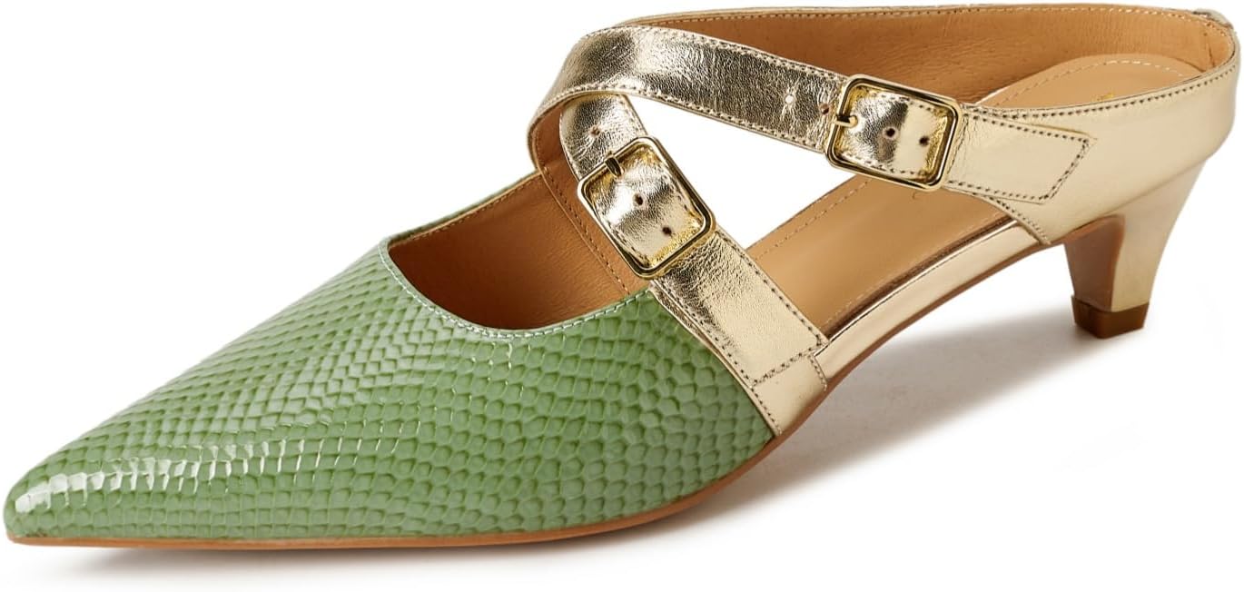 TinaCus Women's Pointed Toe Mules Genuine Leather Handmade Strap Buckle Kitten Heels Slip On Dress Sandals